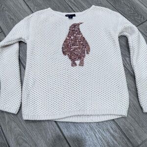 Cream Sweater with Sequin Penguin Design